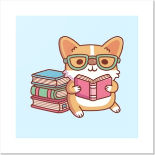 Cute Corgi With Glasses Reading A Book Posters and Art